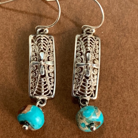 Sterling Silver Turquoise Filagree Dangle Earrings - Picture 2 of 5